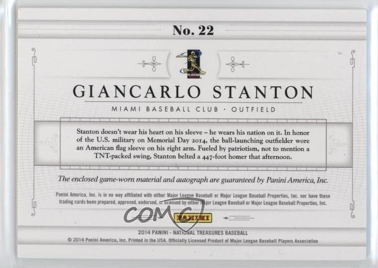 2014 Panini National Treasures Bats 5/25 Giancarlo Stanton #22 Auto 6fs view 2