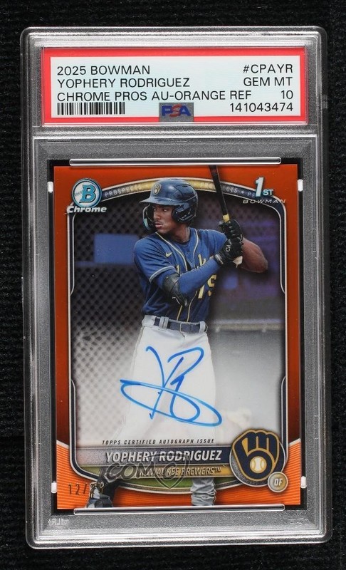 2025 Bowman Orange Refractor 12/25 Yophery Rodriguez PSA 10 GEM MT Auto 0ok8