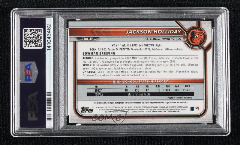 2022 Bowman Draft Chrome Pick Jackson Holliday #CDA-JH PSA 9 MINT Auto 0ok8 view 2