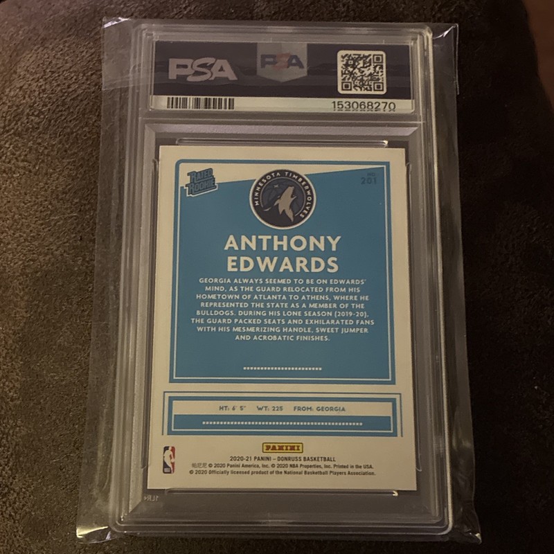 2020-21 Panini Donruss Anthony Edwards Rated Rookie #201 G/Y Laser PSA 9 view 2