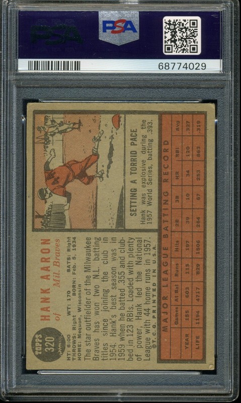 1962 TOPPS HANK AARON MILWAUKEE BRAVES #320 PSA 4 VG-EX view 2