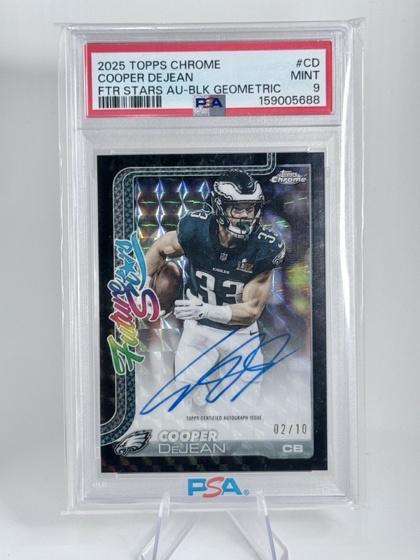 2025 Topps Chrome Future Stars Cooper DeJean Black Geometric Auto /10 PSA 9 Pop1