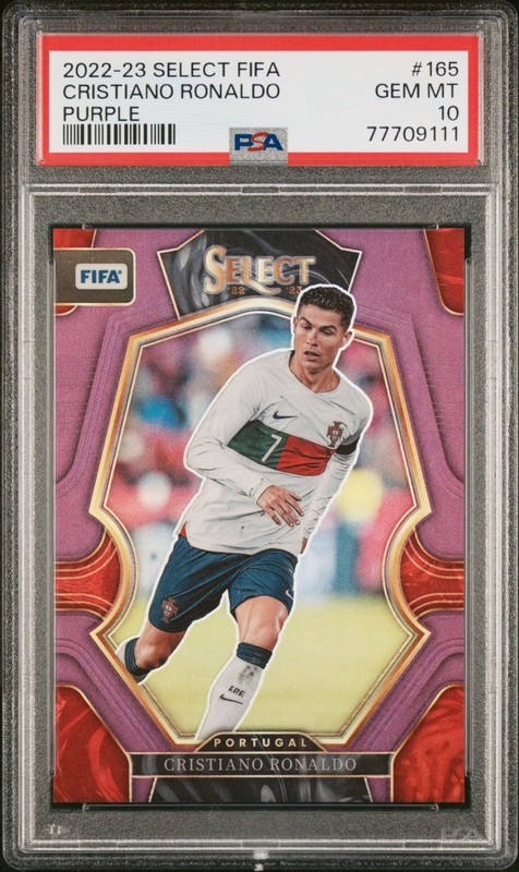 2022-23 Panini Select FIFA Cristiano Ronaldo Purple Prizm /75 #165 PSA 10 Gem