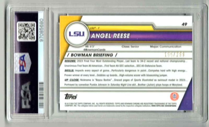 ANGEL REESE 2023 Bowman U University Chrome #49 PSA 10 AQUA REFRACTOR /299 RC! view 2