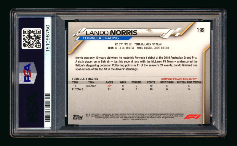 2020 Topps Chrome F1 #199 Lando Norris RC Freshest PSA 9 view 2