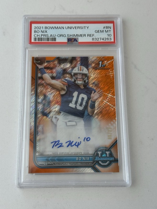 2021 BOWMAN UNIVERSITY BO NIX /25 AUTO PSA 10 FIRST  BOWMAN ORANGE SHIMMER