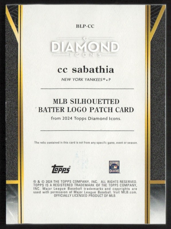 2024 Topps Diamond Icons LOGOMAN GAME WORN 1/1 CC Sabathia #AT1JR-CSA BB2 view 2
