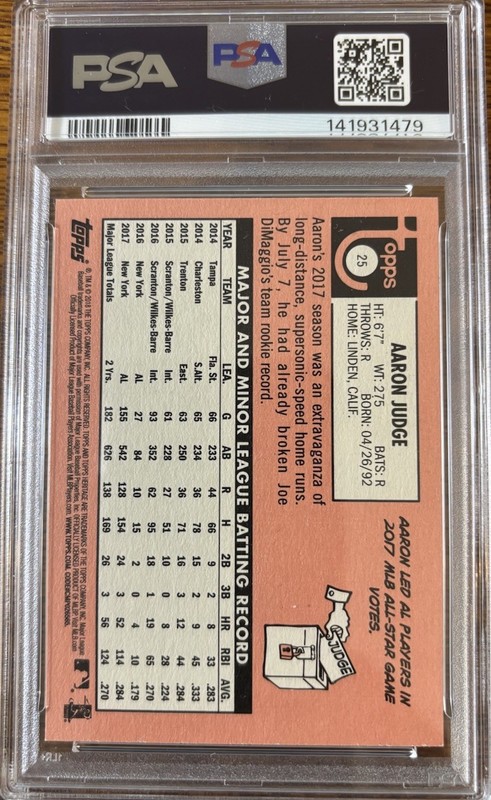2018 TOPPS HERITAGE #25 AARON JUDGE PSA 9 Mint view 2