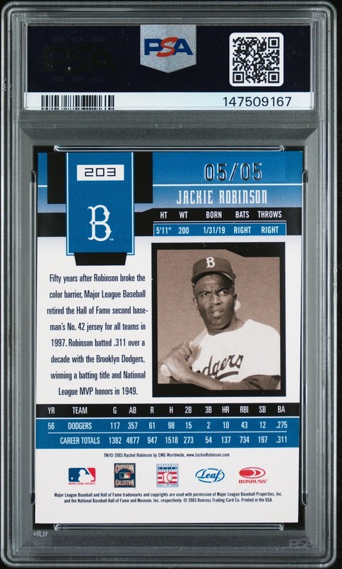 Jackie Robinson 2003 Leaf Certified Materials Mirror Emerald 5/5 PSA Authentic view 2