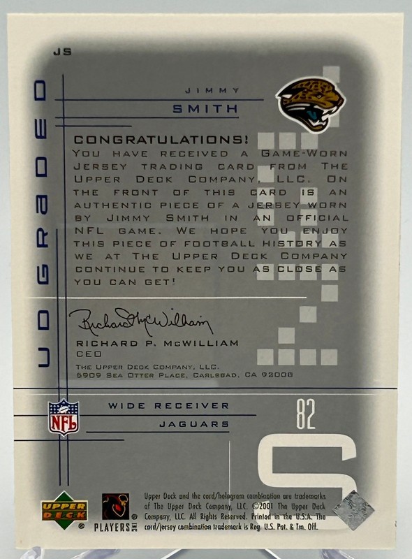 Jimmy Smith 2001 Upper Deck Graded Game Used Jersey Card #JS Jaguars 2 cards view 2