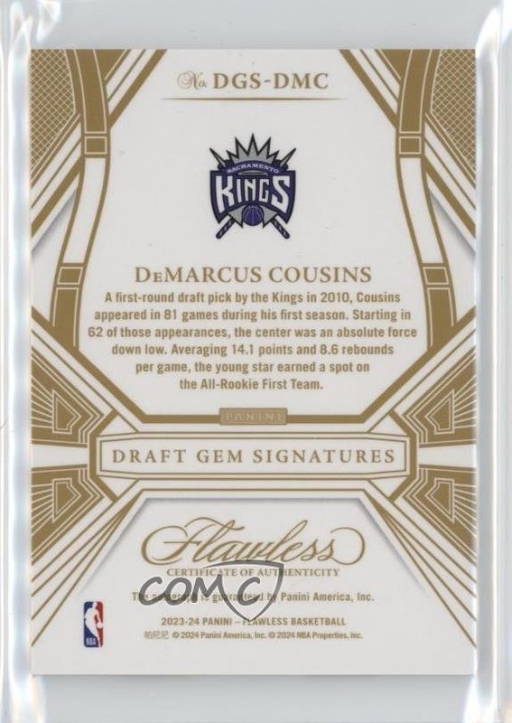 2023-24 Panini Flawless Draft Gem Signatures Gold /10 DeMarcus Cousins Auto 2ng view 2