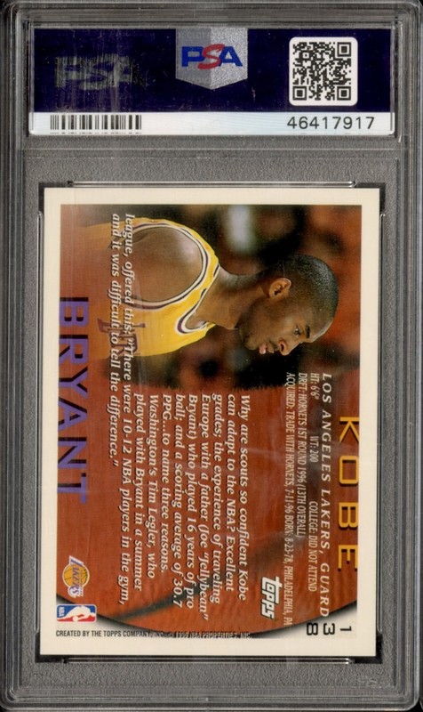 1996-97 Topps Kobe Bryant Rookie #138 PSA 9 Mint view 2