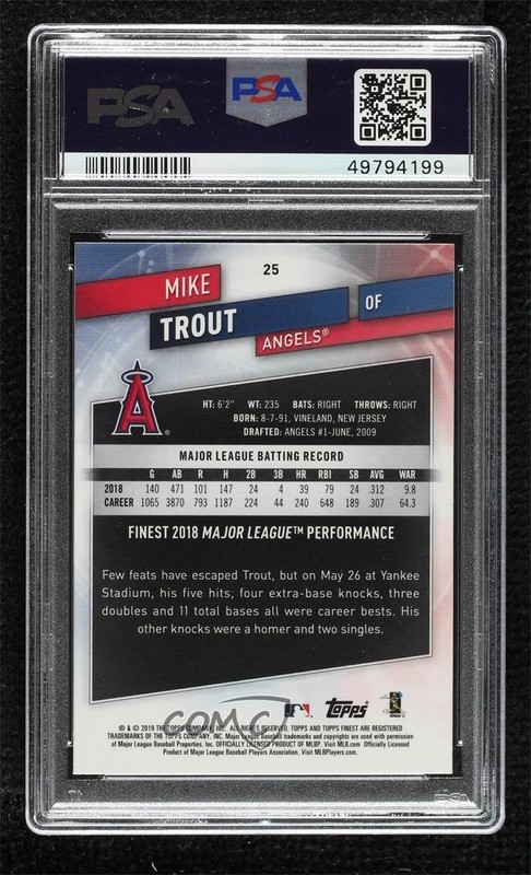 2019 Topps Finest Mike Trout #25 PSA 10 GEM MT 15r3 view 2