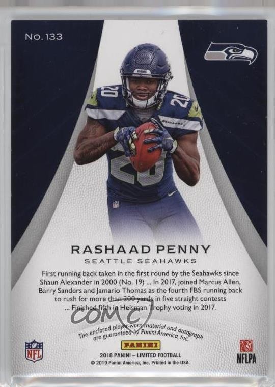 2018 Panini Limited Rookie Silver Spotlight 55/75 Rashaad Penny Patch Auto p0i view 2