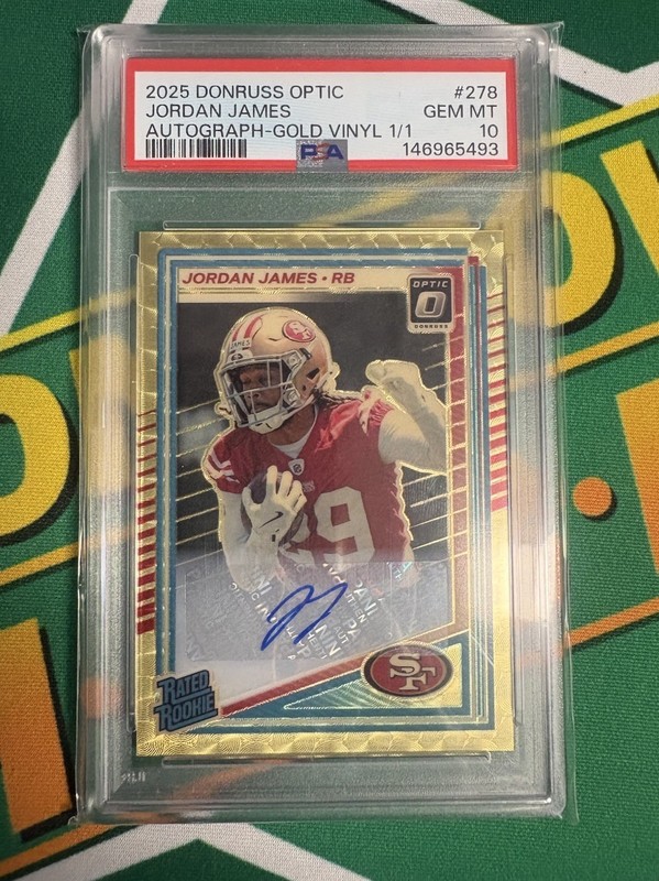 2025 DONRUSS OPTIC JORDAN JAMES GOLD VINYL 1/1 AUTO PSA 10