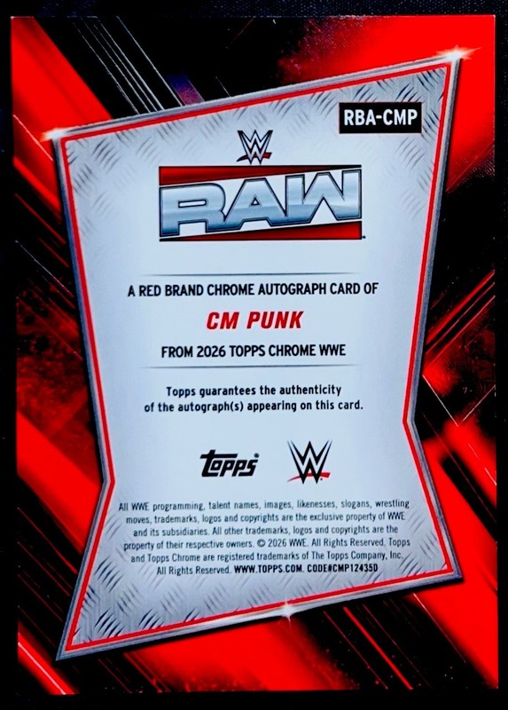 2026 Topps Chrome WWE CM Punk Raw Red Brand Auto Autograph #RBA-CMP !! view 2