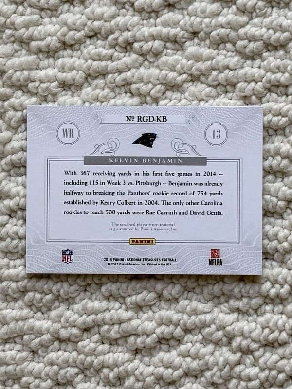 2014 National Treasures 1/1 Rookie NFL Gear Quad Materials Kelvin Benjamin RC view 2