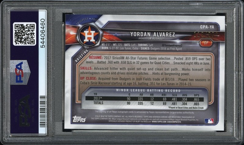 2018 Bowman Chrome YORDAN ALVAREZ RC 1st PURPLE Refractor 112/250 PSA 9 AUTO 10 view 2