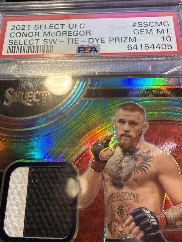 Conor McGregor 2021 Panini Select UFC Swatch Tie Dye Prizm MatRelic PSA 10 9/25 view 2