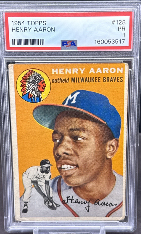 Henry Aaron 1954 Topps Baseball #128 Hank Aaron RC PSA 1 Milwaukee Braves ES5