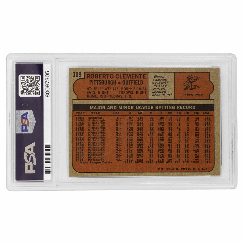 1972 Topps Roberto Clemente #309 PSA EX 5 Cert #80097305 view 2