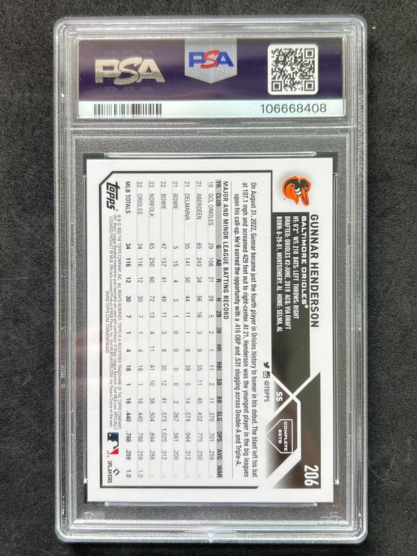 2023 Topps #206 Gunnar Henderson Flagship Rookie SP Image Variation RC PSA 10 view 2