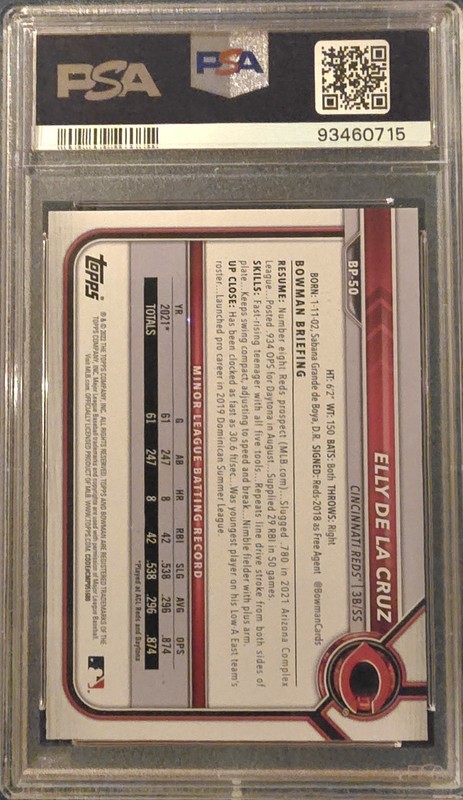 2022 Bowman 1st #BP50 Elly De La Cruz RC Rookie PSA 10 Gem Mint REDS view 2