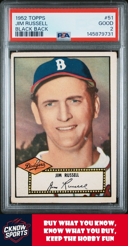1952 Topps #51b Jim Russell PSA 2 Brooklyn Dodgers