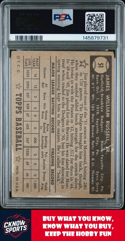 1952 Topps #51b Jim Russell PSA 2 Brooklyn Dodgers view 2