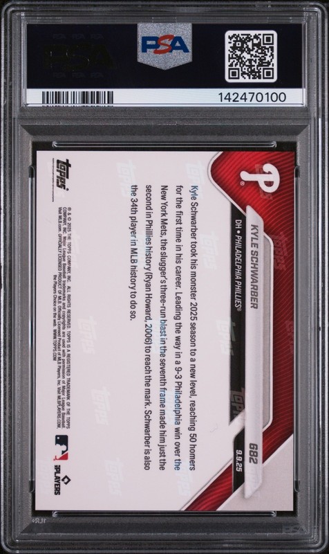 2025 Topps Now KYLE SCHWARBER #682 50-HR Season Is 2nd in Phillies History PSA10 view 2