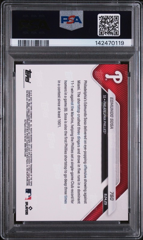 Edmundo Sosa - 2025 MLB Topps Now #760 - Three Homer Game 3 HR Phillies PSA 10 view 2
