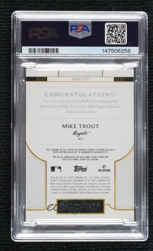 2024 Topps Definitive Collection Relic Auto 22/40 Mike Trout #DARC-MTR PSA 8 view 2