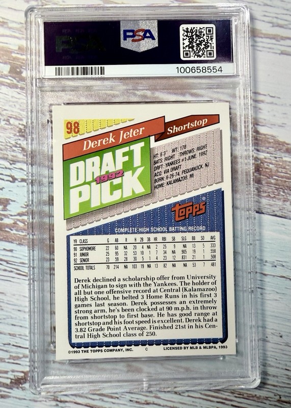 1993 Topps Derek Jeter Rookie RC #98 PSA 8 NM-MT New York Yankees HOF view 2