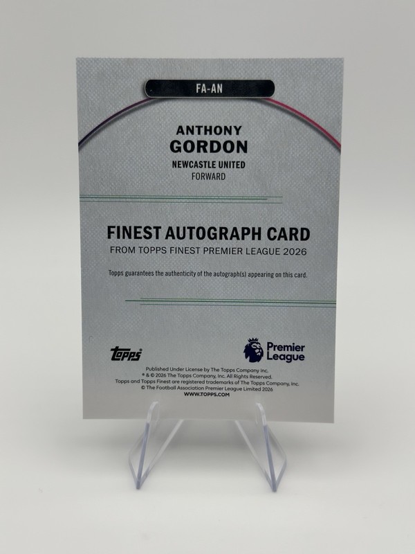2025-26 Topps Finest Premier League Anthony Gordon Auto Purple Refractor /125 view 2