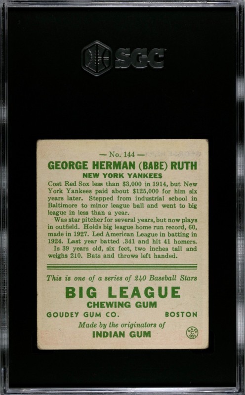 1933 Goudey #144 BABE RUTH New York Yankees SGC 2.5 GD+ *Centered* *Nice Color* view 2
