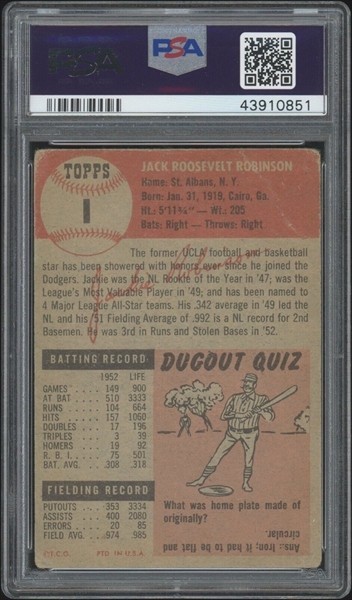 1953 Topps #1 Jackie Robinson PSA 1.5 FR Well Centered Brooklyn Dodgers HOF view 2