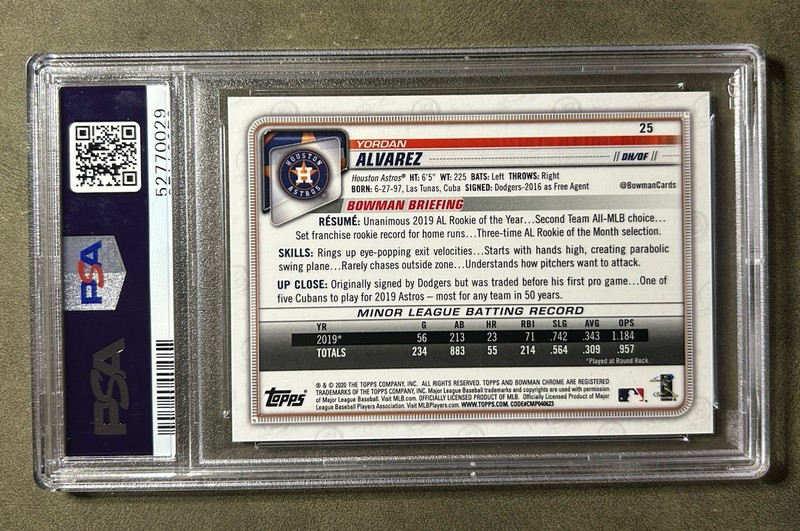 2020 Bowman Chrome Yordan Alvarez Gold Refractor RC #βd 34/ 50 PSA 9 π₯π₯π₯ view 2