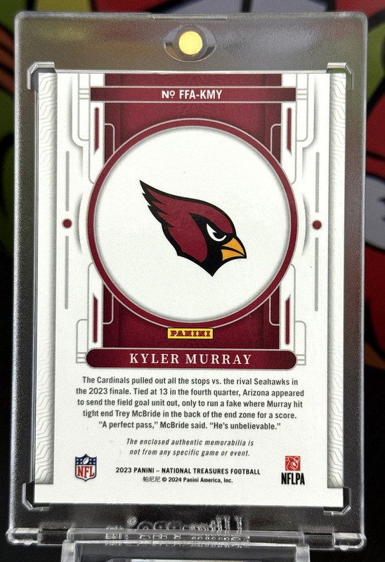 2023 National Treasures Kyler Murray Nike Logo Swoosh Platinum 1/1 Vikings view 2