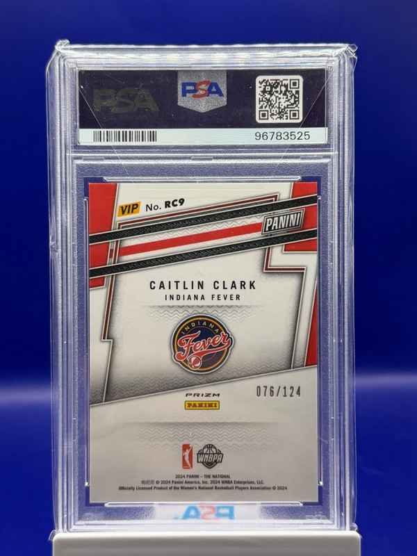 2024 Panini NSCC VIP Gold Caitlin Clark Blue Sparkle /124 RC9 PSA 9 view 2