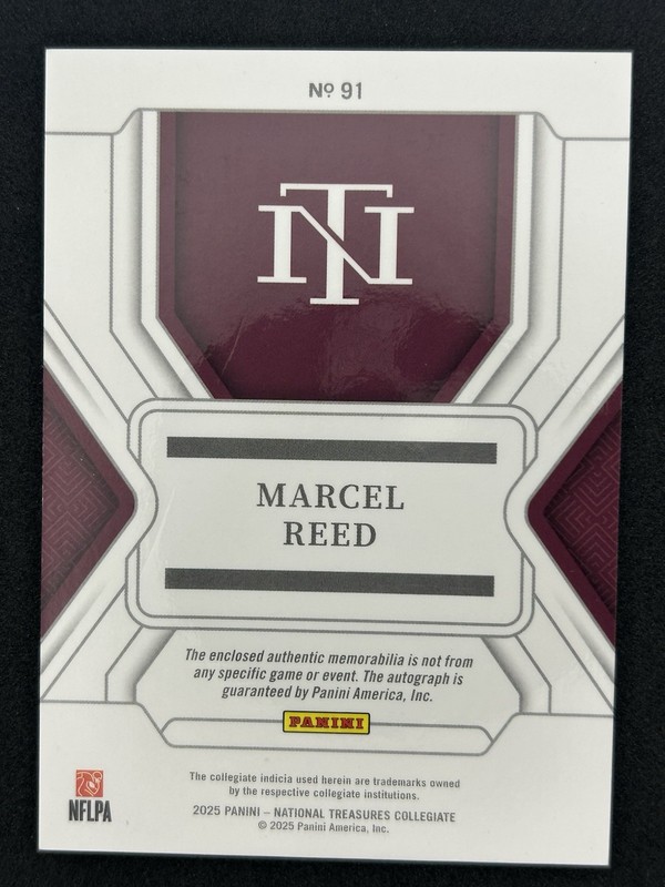 2025 National Treasures Collegiate Marcel Reed #91 Prospect Patch Auto /39 view 2