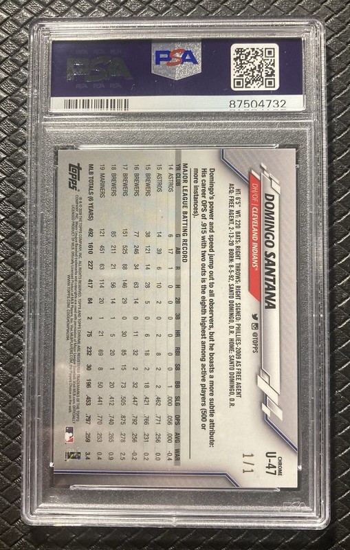 DOMINGO SANTANA 2020 Topps Chrome U47 Superfractor 1/1 Cleveland Guardians PSA 9 view 2