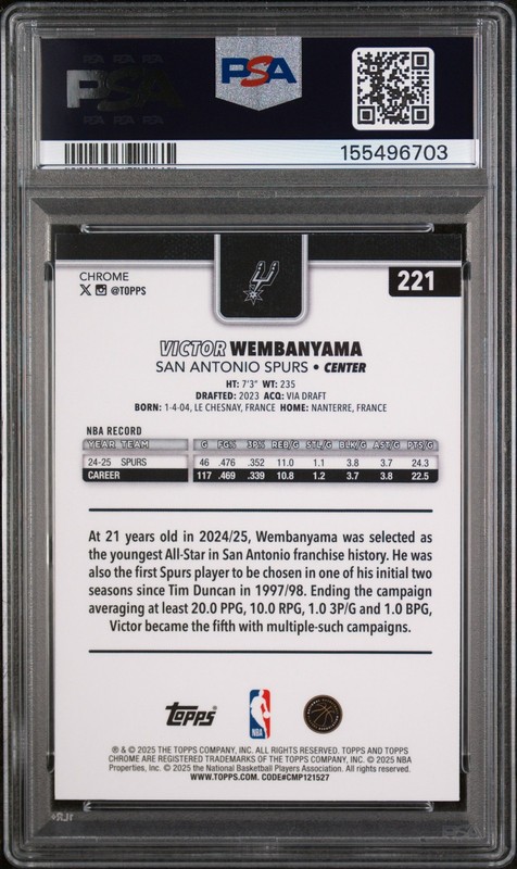 2025 Topps Chrome #221 Victor Wembanyama PSA 9 MINT view 2