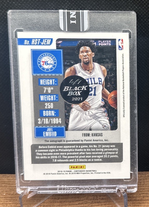 2018-19 Panini Sealed Contenders Joel Embiid Historic Ticket Auto Black Box 1/1 view 2