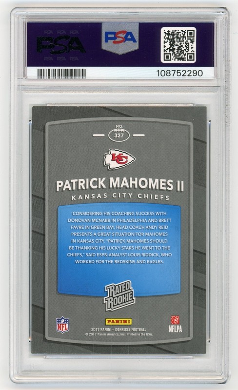 PATRICK MAHOMES 2017 Panini Donruss Rc 327 PSA 8 Kansas City Chiefs Rated Rookie view 2