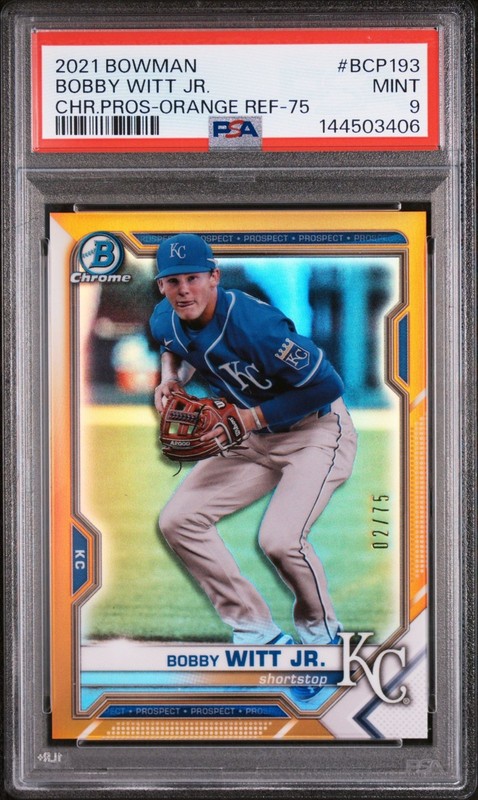 2021 Bowman Chrome Bobby Witt Jr Yellow Refractor /75 BCP-193 Orange Color PSA 9