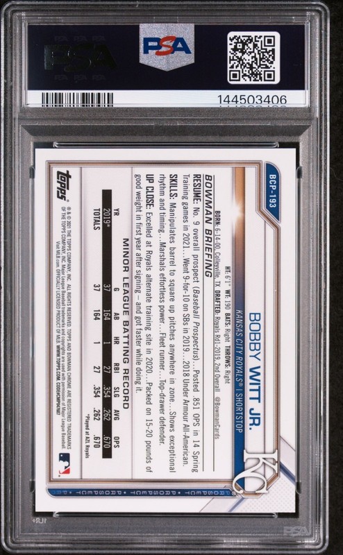 2021 Bowman Chrome Bobby Witt Jr Yellow Refractor /75 BCP-193 Orange Color PSA 9 view 2