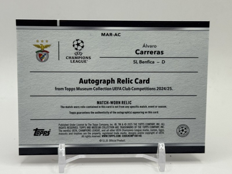 2024-25 Topps UCL Museum SL Benfica Alvaro Carreras Match Worn Patch Auto /199 view 2