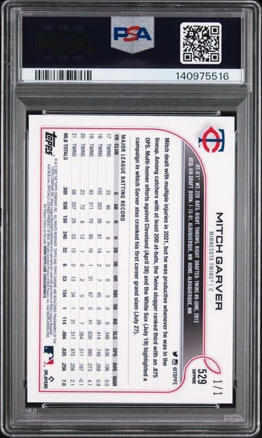 2022 Topps Chrome Sapphire #529 Mitch Garver Superfractor 1/1 PSA 10 view 2
