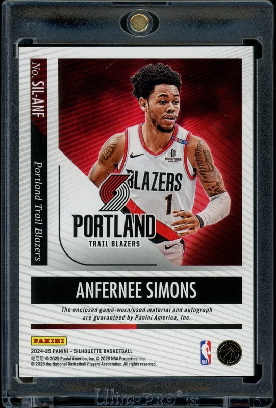2024-25 Panini Silhouette Autographs Anfernee Simons Bill Russell Patch Auto /3 view 2