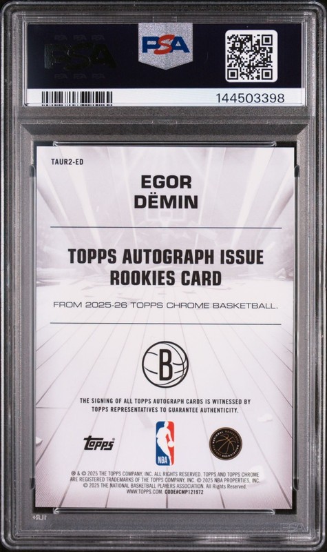 EGOR DEMIN 2025 Topps Chrome Autograph Issue Rookies RC AUTO PSA 9 MINT view 2